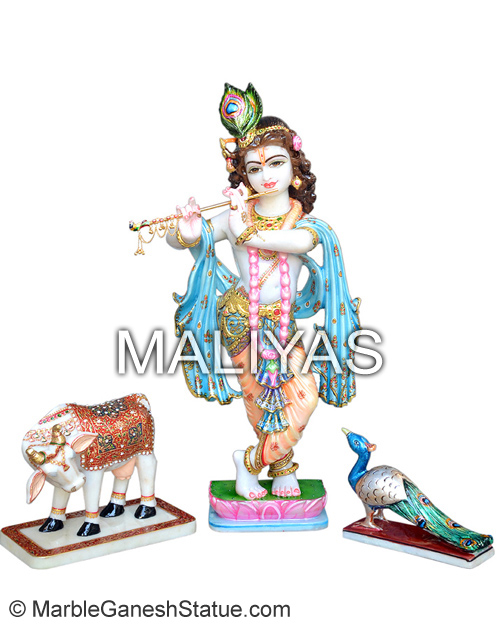 Marble Krishna with Cow and Peacock