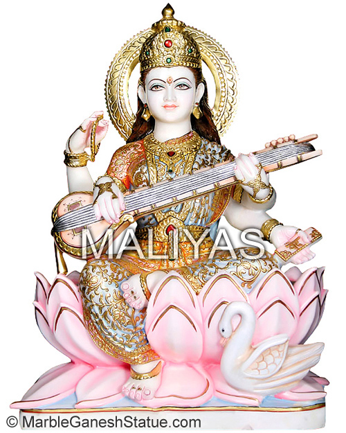 Marble Saraswati Statue On Lotus